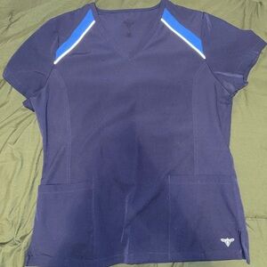 Scrubstar Navy Blue V-Neck Medical Top with Light Blue & White Accents
